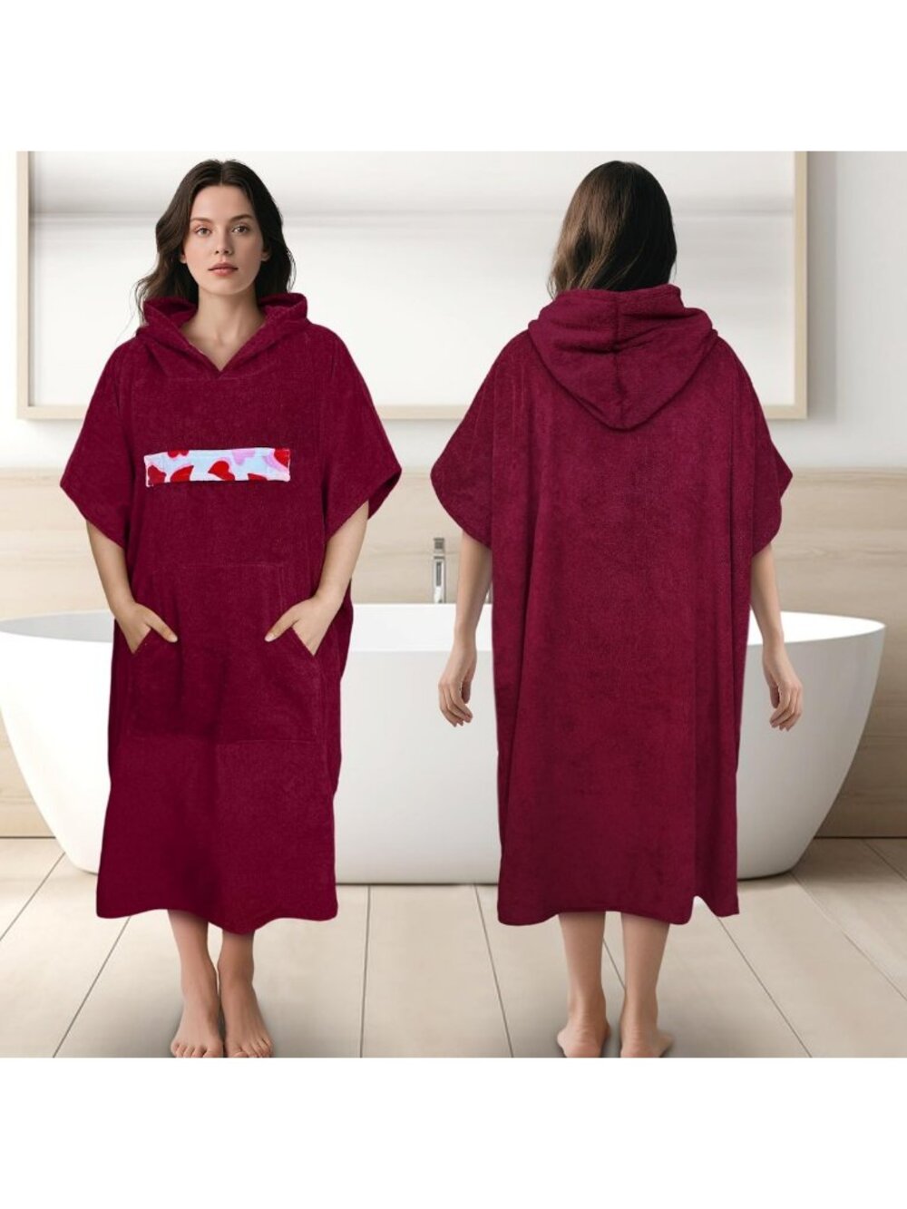 Cozy 100% Cotton Hooded Poncho Towel for Adults - Burgundy, Quick-Dry & Soft